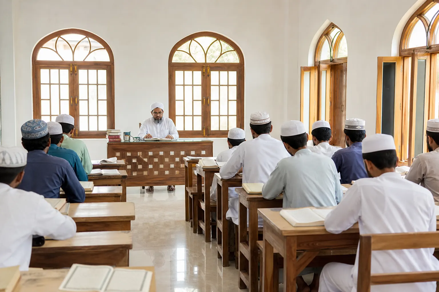 Classroom with wooden desks and arched windows