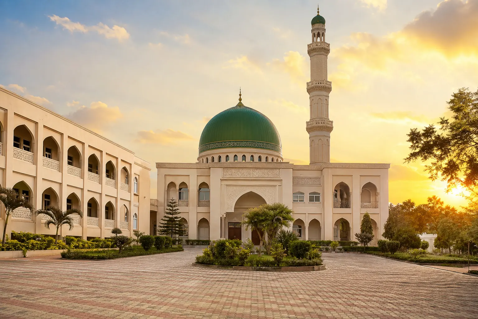 The college building with its green dome and arched entrance at sunset
