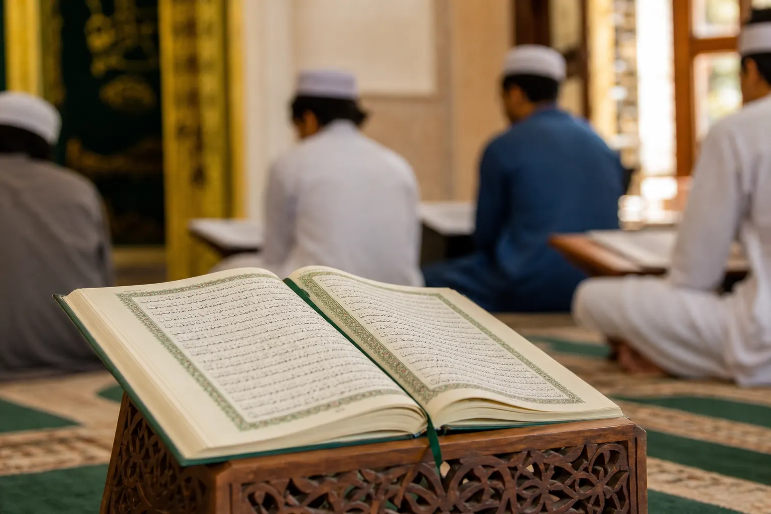 Open Quran resting on a wooden stand in a prayer hall