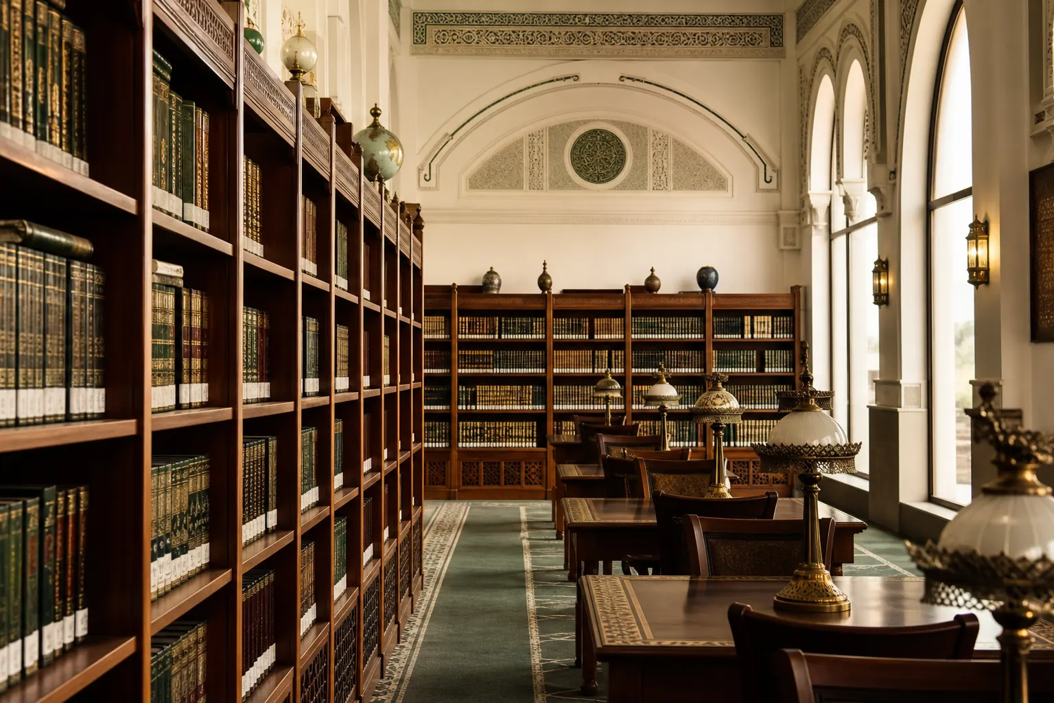 Classical Islamic reference books opened on a study desk